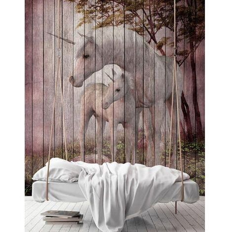 Papier peint panoramique licorne chambre enfant Tapisserie panoramique animaux effet bois Papier peint panoramique idéal chambre fille (1/3)