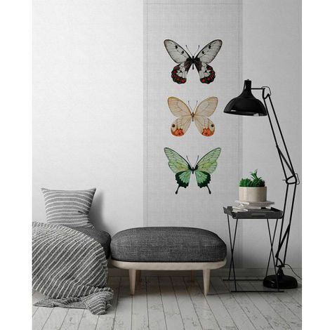 Papier peint panoramique effet textile gris Tapisserie panoramique papillon multicolore Papier peint panoramique idéal pour bureau (1/3)