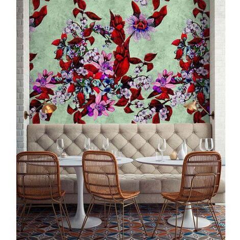 Papier peint panoramique vert et rouge belle nature Tapisserie panoramique floral et moderne Papier peint panoramique salle à manger tendance (1/3)