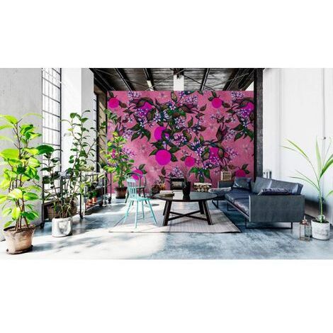 Papier peint panoramique arbre à fruits tendance Tapisserie panoramique rose et vert Papier peint panoramique design nature floral (1/3)