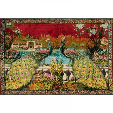Papier peint panoramique oiseaux multicolore Tapisserie panoramique rouge avec paons effet textile Papier peint panoramique oriental salon (1/3)