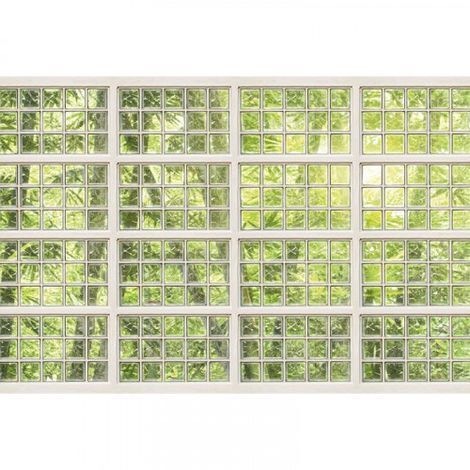 Papier peint panoramique trompe l'oeil fenêtre pour salon Tapisserie panoramique verte avec arbres Papier peint panoramique pour cage d'escalier (1/3)