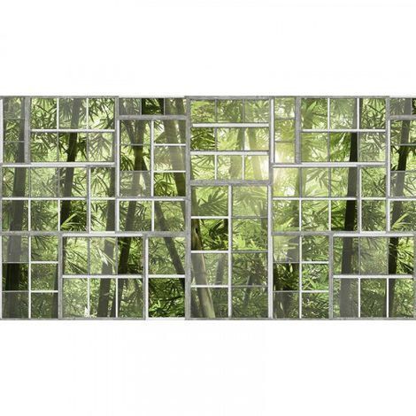 Papier peint panoramique trompe l'oeil jungle & fenêtre Tapisserie panoramique verte forêt de bambous Papier peint panoramique idéal cuisine (1/3)
