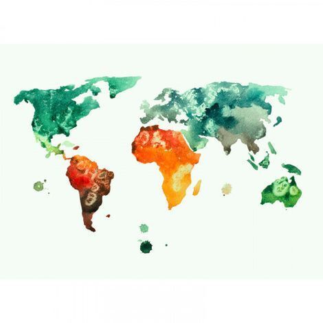 Papier peint panoramique carte du monde Tapisserie colorée pays du monde idéale salon Papier peint panoramique turquoise, orange & vert pour couloir (1/4)