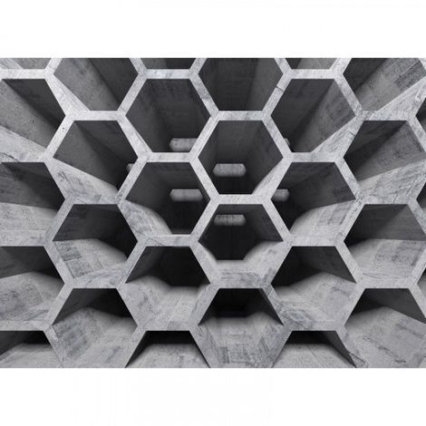 Papier peint panoramique 3D ruche béton Tapisserie panoramique grise motif hexagone béton Papier peint panoramique gris chambre ado (1/4)
