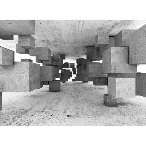 Papier peint panoramique 3D béton tetris idéal salon Tapisserie panoramique grise bloc de béton Papier peint panoramique trompe l'oeil gris chambre ado (1/4)