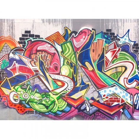 Papier peint panoramique moderne graffiti Tapisserie panoramique multicolore pour chambre d'ado Papier peint panoramique sur fond gris (1/4)