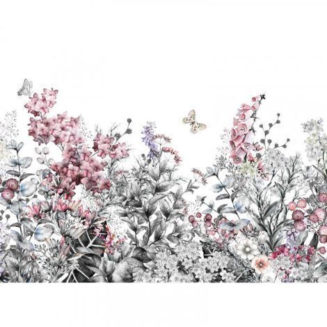 Papier peint panoramique floral idéal salon Tapisserie panoramique motif fleur des champs Papier peint panoramique gris & rose pour chambre (1/4)