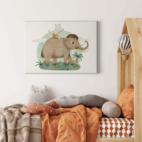 Tableau chambre bébé animaux, Tableau enfant avec chat & éléphant dans la  savane