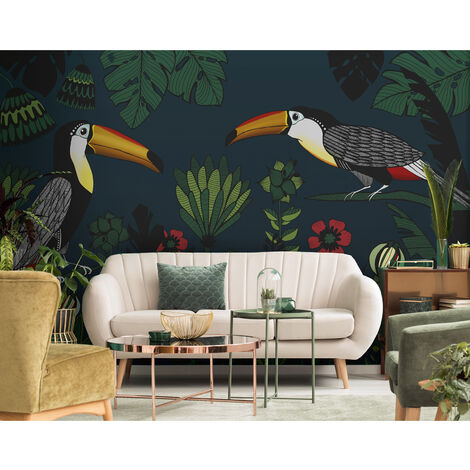Papier peint panoramique jungle gris & vert pastel, Tapisserie panoramique  girafe & oiseaux pour chambre, Papier peint panoramique animaux exotiques
