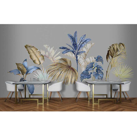 Papier peint panoramique plante bleu & doré salon Tapisserie panoramique tropicale moderne pour chambre adulte Papier peint panoramique escalier (1/3)