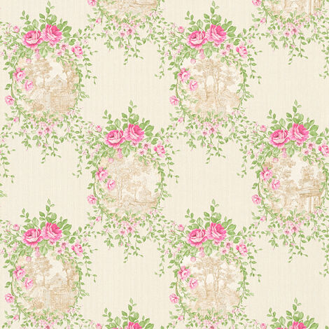 Papier peint anglais rose & beige crème, Tapisserie pour salon motif  fleurie intissé, Papier peint motif fleurs rose pour salon vintage
