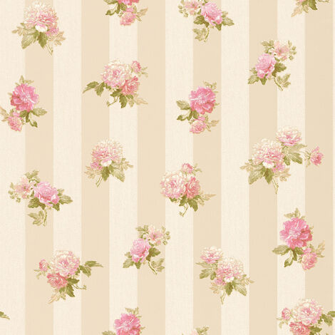 Papier peint fleuri style cottage anglais - rose, crème