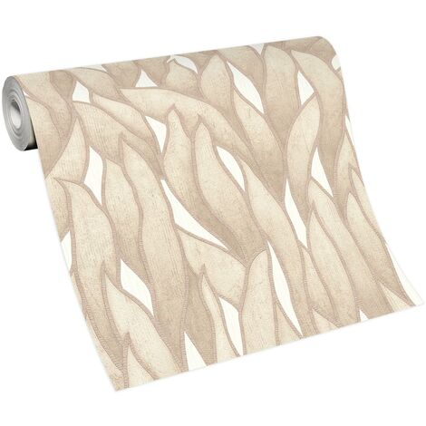 Papier peint motif feuille beige original | Tapisserie feuille beige & blanche idéale salon | Papier peint intissé moderne couloir (1/5)