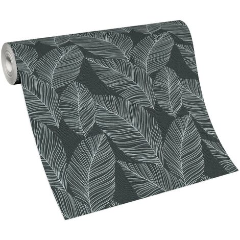 Papier peint motif feuille blanc & anthracite chambre adulte | Tapisserie feuille grise moderne | Papier peint salon & couloir (1/5)