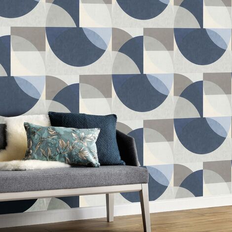 Papier peint moderne graphique gris & bleu | Tapisserie géométrique grise et bleu chambre | Papier peint intissé salon & couloir