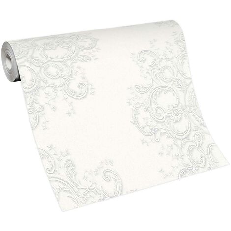 Papier peint blanc motif baroque chic | Tapisserie blanche baroque chambre & couloir | Papier peint intissé élégant salon (1/4)