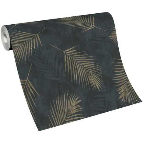 Papier peint noir et or feuille exotique – Tapisserie moderne intissée vinyle – Résistant à l'humidité pour salle de bain et cuisine – Bricoflor