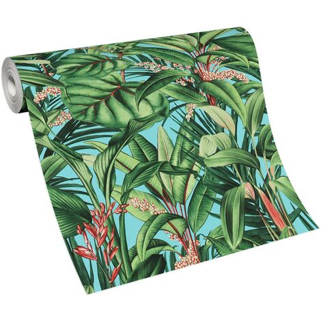 Papier peint tropical vert & turquoise salle de bain | Tapisserie jungle chambre adulte & ado | Papier peint exotique moderne intissé (1/3)