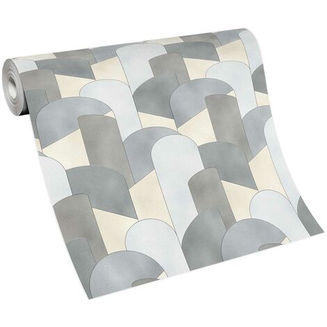 Papier peint graphique beige & gris chambre adulte | Tapisserie couloir géométrique beige | Papier peint vinyle salle à manger (1/5)