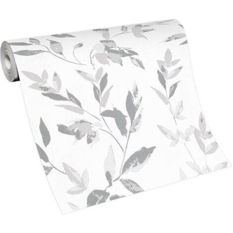 BRICOFLOR Papier Peint feuillage gris clair, gris foncé et blanc  Papier Peint fleuri gris clair  Tapisserie intissée pour salon, chambre & plus