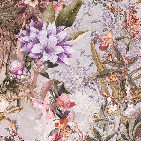Papier peint floral saumon et rose Tapisserie tendance à fleurs style botanique Papier peint fleuri sur fond gris idéal pour couloir (1/4)
