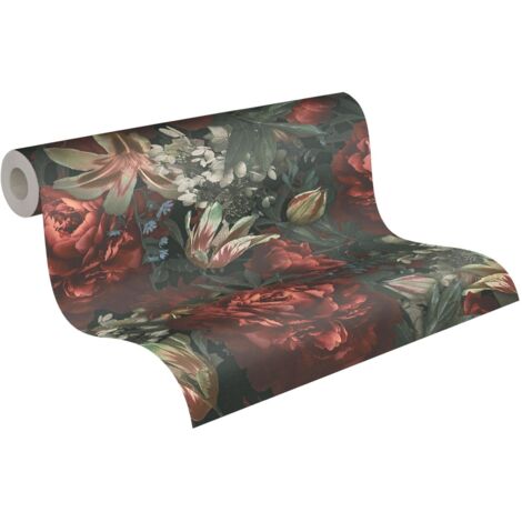 Papier peint romantique fleurs rouges Tapisserie fleurs Papier peint intissé et embossé Idéal pour chambre