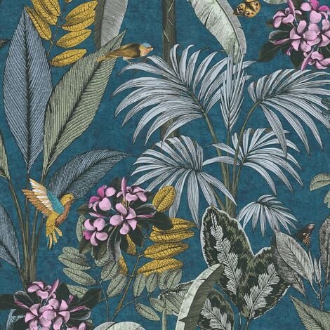 Papier peint bleu avec oiseaux et fleurs Papier peint jungle Papier peint intissé embossé Idéal pour salon
