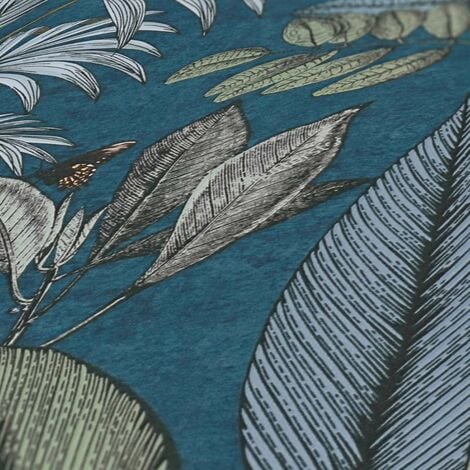 Papier peint bleu avec oiseaux et fleurs Papier peint jungle Papier peint intissé embossé Idéal pour salon