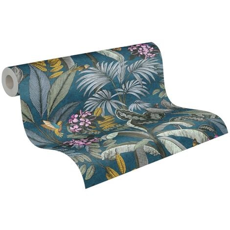 Papier peint bleu avec oiseaux et fleurs Papier peint jungle Papier peint intissé embossé Idéal pour salon