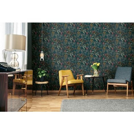 Papier peint bleu avec oiseaux et fleurs Papier peint jungle Papier peint intissé embossé Idéal pour salon
