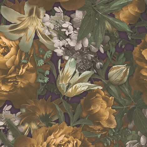 Papier peint floral vintage 3D foncé – Fleurs jaunes, vertes et violettes – Dimensions 53cm x 10,05m – Entretien lessivable – A.S. Creations