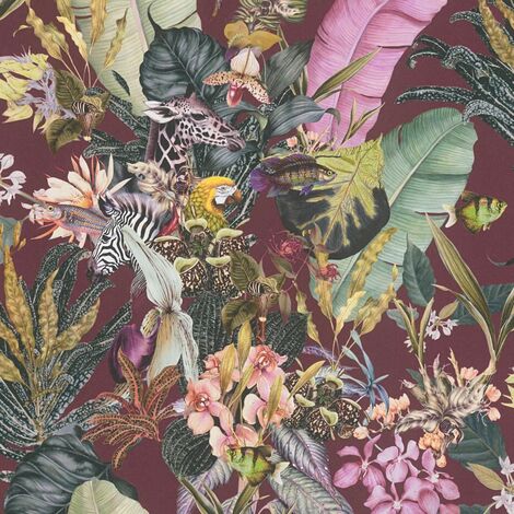 Papier peint nature sur fond rouge bordeaux Tapisserie florale multicolore avec animaux Papier peint style exotique idéal chambre (1/4)