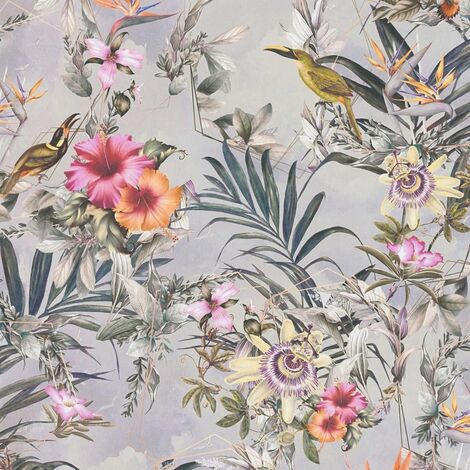 Papier peint floral rose et orange sur fond gris Tapisserie feuillage à motifs de fleurs Papier peint fleuri style botanique idéal pour couloir (1/4)