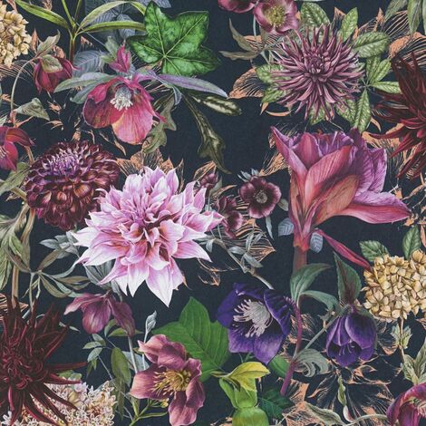 Papier peint floral réaliste fond noir Papier peint feuillage et fleuri Papier peint intissé Idéal pour le salon (1/4)