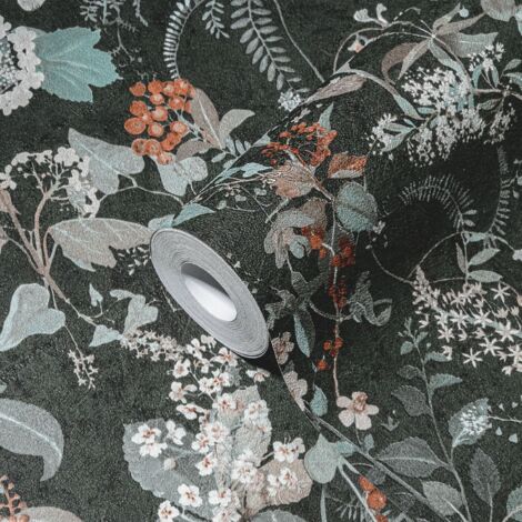 Papier peint floral sur fond noir Tapisserie à fleurs beiges et oranges Papier peint style botanique idéal pour chambre