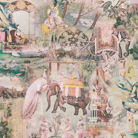 Papier peint intissé jaune coloré Tapisserie à dessins style oriental Papier peint nature jardin fleuri oriental idéal pour chambre (1/4)