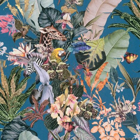 Papier peint nature sur fond turquoise Tapisserie florale multicolore avec animaux Papier peint style exotique idéal pour couloir (1/4)