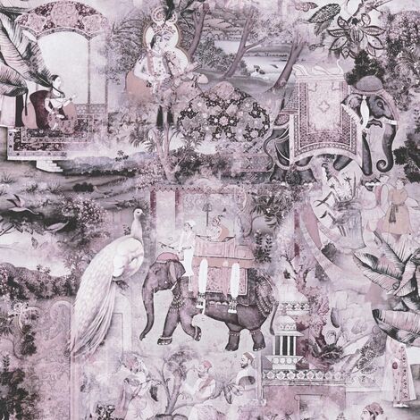 Papier peint intissé rose Tapisserie à dessins style oriental Papier peint nature jardin fleuri avec animaux idéal pour couloir (1/4)