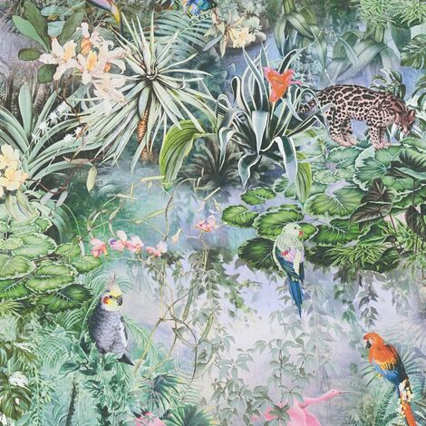 Papier peint intissé jungle colorée tons verts Tapisserie florale avec animaux Papier peint exotique style tropical idéal salon (1/4)