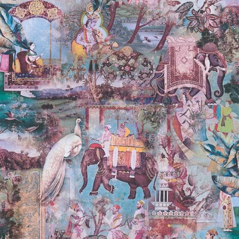 Papier peint intissé bleu et rose Tapisserie à dessins style oriental Papier peint nature jardin fleuri oriental idéal pour couloir (1/4)