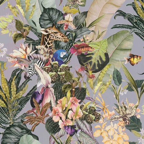 Papier peint nature sur fond gris lila Tapisserie florale multicolore avec animaux Papier peint style exotique pour chambre (1/4)