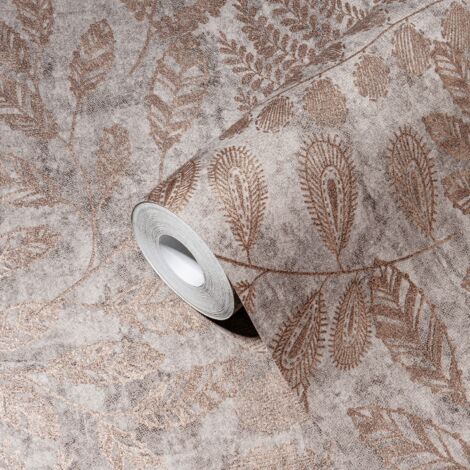 Papier peint floral sur fond gris Tapisserie feuillage cuivre Papier peint intissé style botanique idéal pour cuisine