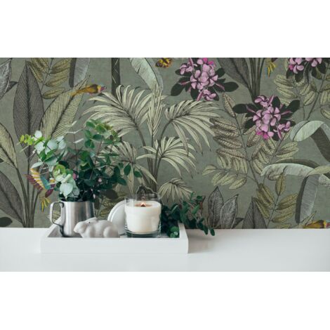 Papier peint tropical vert avec oiseaux et fleurs – Tissu non tissé 53cm x 10,05m – Résistant à l'abrasion – Écologique certifié FSC® – A.S. Creations
