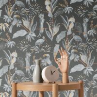 Papier peint nature noir, gris, orange Tapisserie animale et florale Papier peint style tropical exotique idéal pour couloir