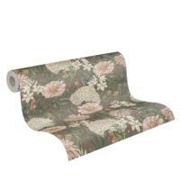 Papier peint nature fond marron Tapisserie florale rose, blanc, vert avec papillons Papier peint intissé idéal pour couloir et salon