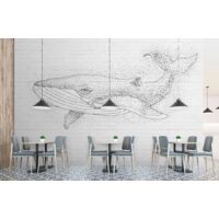 Papier peint panoramique baleine noir & blanc | Tapisserie panoramique salle de bain moderne | Papier peint panoramique animaux pointillés - 270 x 400 cm (4 pièces)