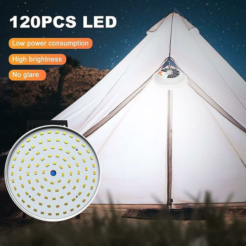 Solar-Campingleuchte, 120 LEDs, hängende Campinglaterne mit Fernbedienung,  IP65 wasserdichte wiederaufladbare Zeltleuchte, 5 Modi, 1200 mA tragbares  USB-Ladegerät
