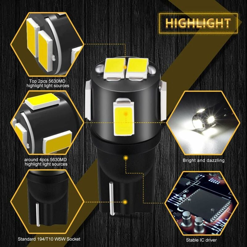 4er-Pack T10 W5W 6 x 5630 Auto-LED-Lampen, Auto-Innenraum-LED-Lampen mit  Canbus, Ersatzlampen für Standlicht, Rückfahrlicht und Standlicht (weiß)
