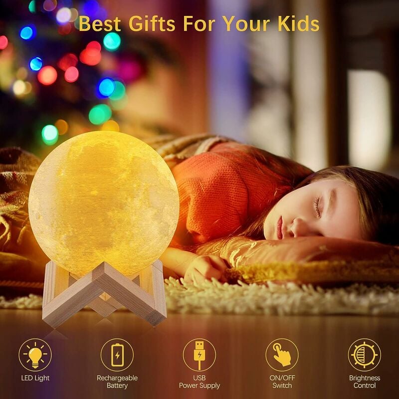 Mondlampe, 3D-gedruckt, 16 Farben, 15 cm/5,9 Zoll, LED-Lichtstärke mit  Fernbedienung und Touch-Steuerung, einstellbare Helligkeit,  wiederaufladbarer USB-Holzständer für kreatives Geschenk